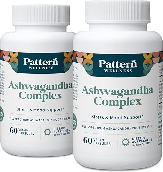 Pattern Wellness Ashwagandha Complex for Men & Women Organic KSM-66 & Black Pepper Extract Supports Stress Response & Energy Balance Non-GMO 120 Vegan Capsules