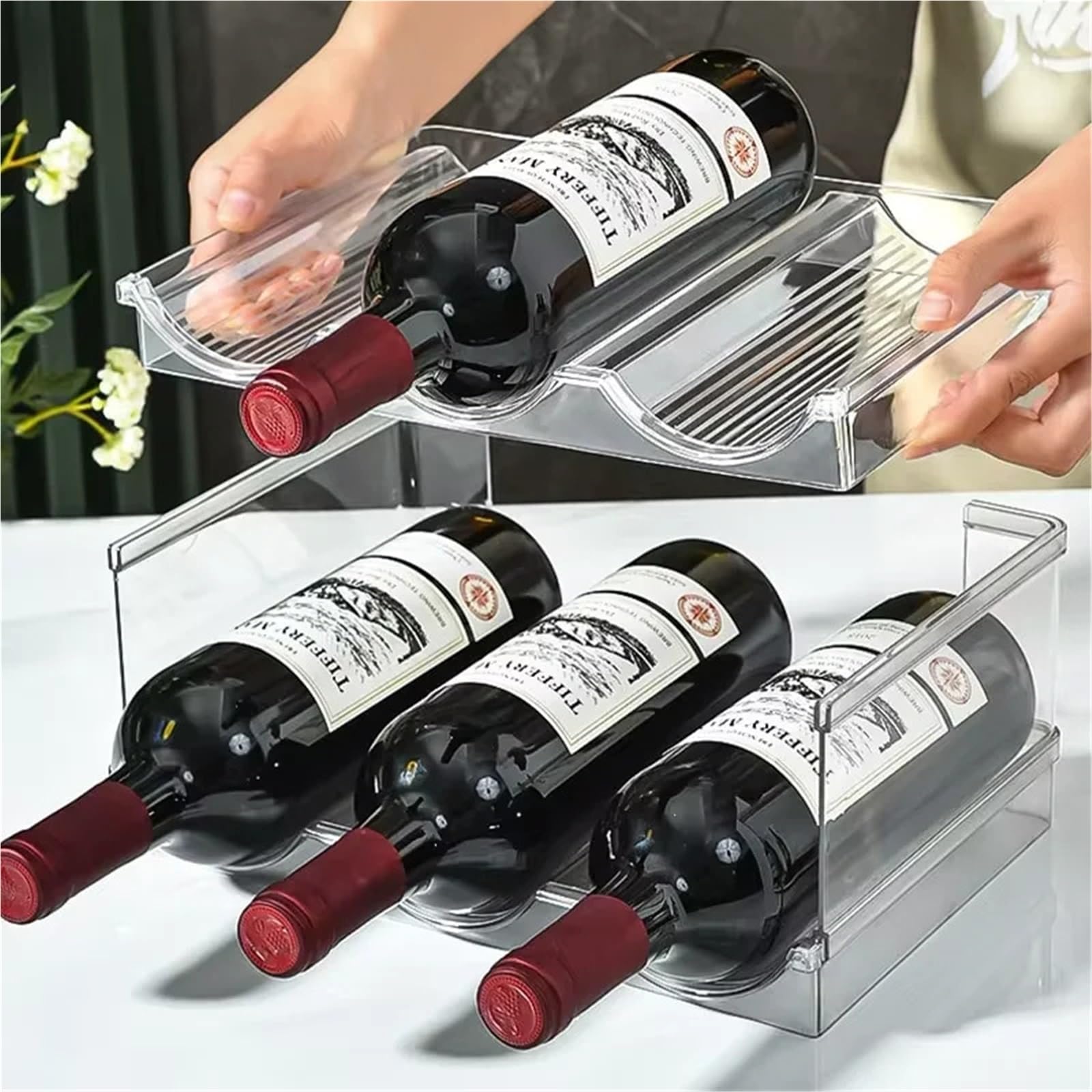 weinregal 2/3/4-lagiges Wasserflaschen-Lagerregal, durchsichtig, stapelbarer Wasserflaschenhalter, Tassen-Organizer for Küchenschrank, Arbeitsplatte, Kühlschrank(3 Layers)