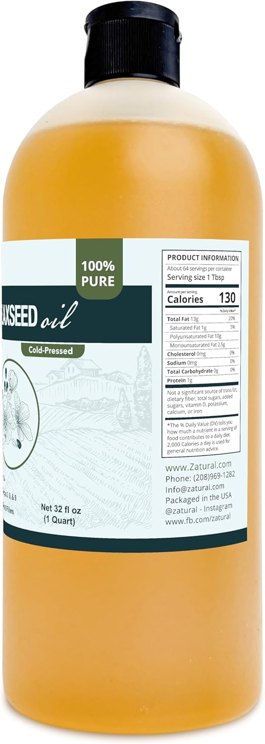 Zatural Cold Pressed Flaxseed Oil – 100% Pure Non-GMO Liquid Flax Seed Oil, Vegan Omega-3 ALA Rich, Perfect for Salads, Smoothies, Baking, Skincare & Hair (32 fl oz Bottle)