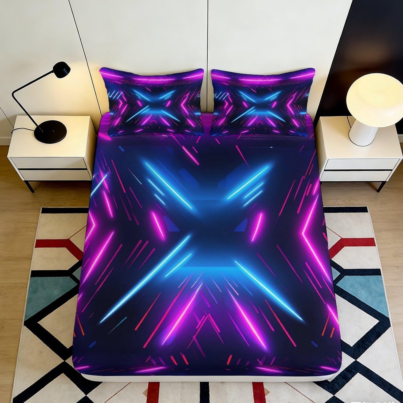 3D Printed Neon Lights Fitted Sheet Microfiber Soft Breathable Futuristic Pattern Bed Sheet for Bedroom Dormitory Guest Room Mattress Cover 180x200x25cm