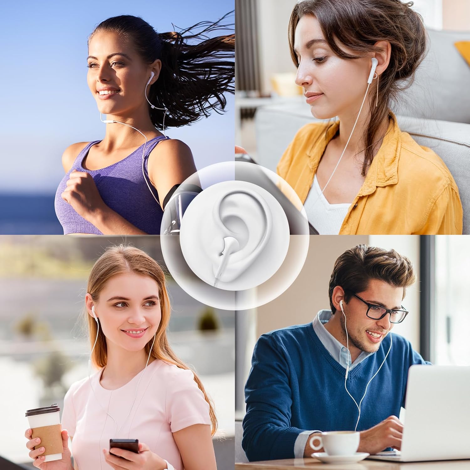 Four panels showing different people using the earbuds in various daily activities like running, relaxing, working, and commuting.