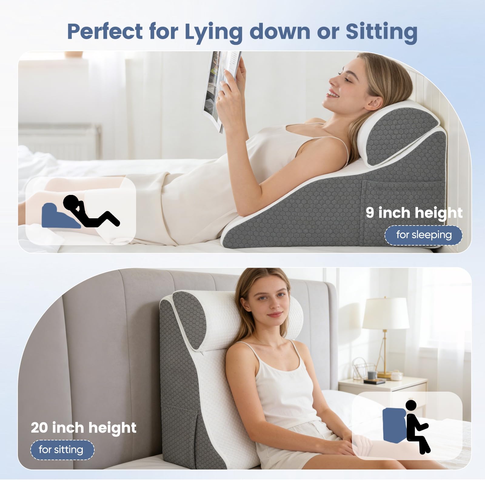 Coussin de lecture pour lit et canapé, coussin biseauté incurvé avec mousse à mémoire de forme, oreiller de dossier ergonomique, coussin reflux, housse lavable, coussin reflux adulte, 50 x 50