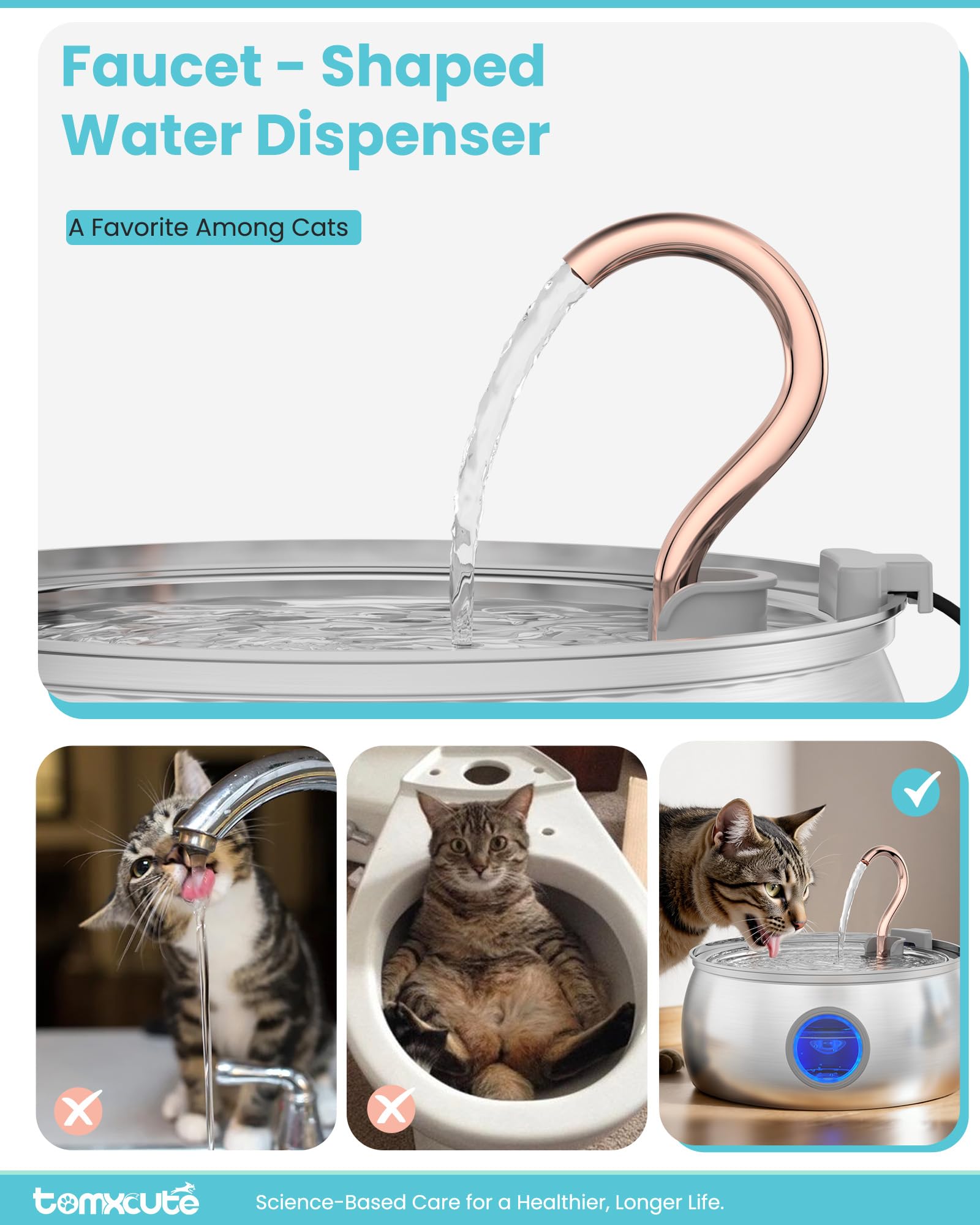 Fontana d'acqua per gatti, 4,0 l, a collo di cigno in acciaio inox e rame, fontana per gatti da interni, fontana per gatti per bere beccuccio, viene fornita con 3 filtri di ricambio
