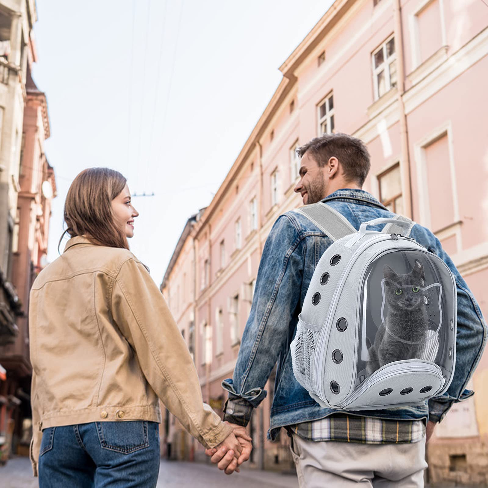 PETCUTE Katzenrucksack für Katzen und Kleine Hunde,Atmungsaktive Hunderucksack mit Abnehmbarer Matte,Katzen Rucksack bis 6kg,Faltbare Haustier Rucksack mit Transparentes Fenster,für Reisen Hellgrau