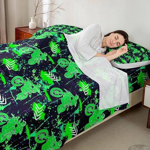 Miniatura 4 de Erosebridal Juego de sábanas para niños de motocross, sábanas de motocicleta de carreras tamaño matrimonial para niños, sábanas frescas para