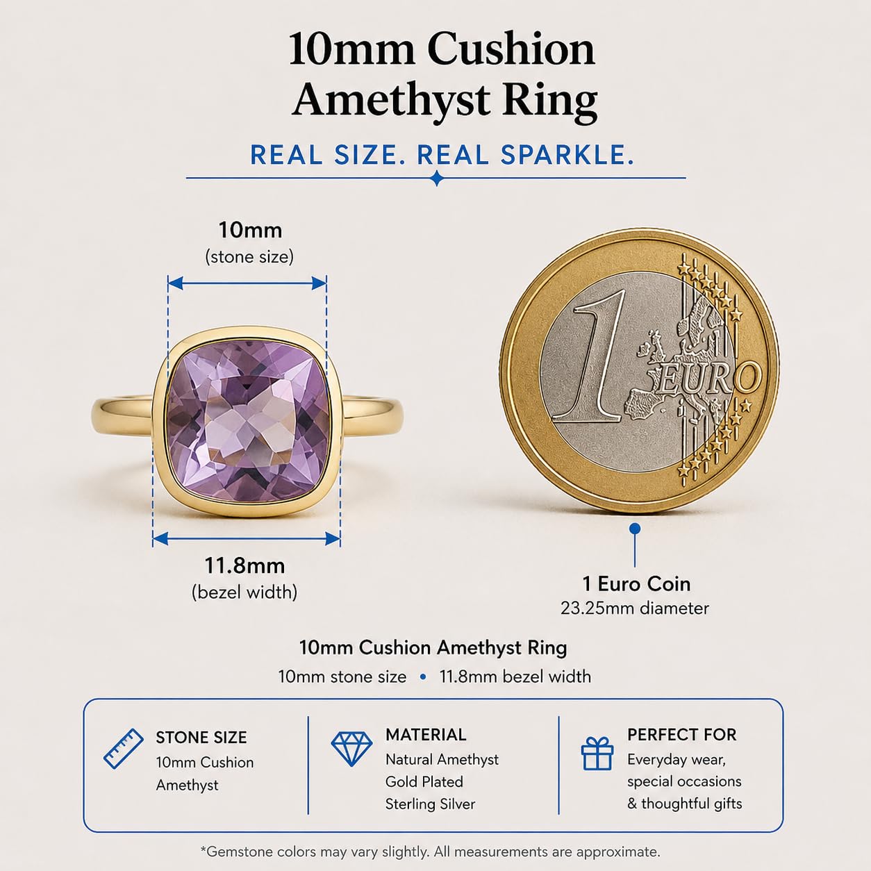 Amethyst Kissenschliff Vergoldet Sterling Silber Ring - Natürlicher Edelstein - Geburtstagsgeschenk – Handgefertigte Geschenkideen für Frauen