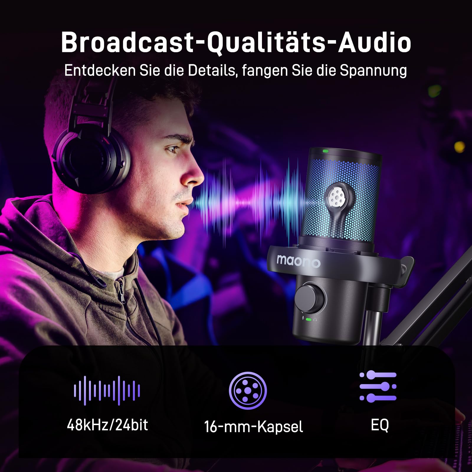 MAONO Mikrofon Kabellos für PC, Mikrofon PC mit Software-KI-Stimmänderung, 3-stufiger Rauschunterdrückung, Benutzerdefiniertem RGB-Licht, Stumm, für Gaming, Podcasting, Streaming, DM40 Pro Schwarz