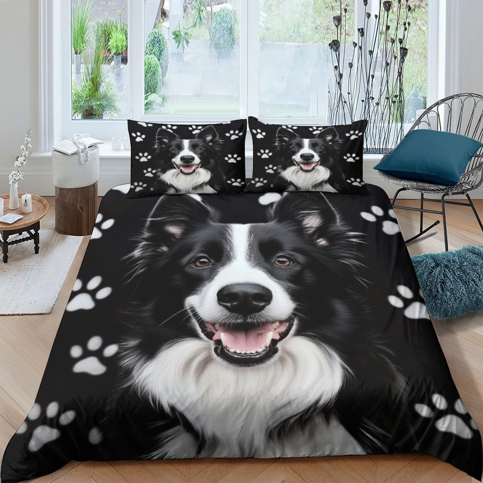 Ctjqhvkz Style-8 3D Printed Border Collie Dog Fitted Sheet Microfiber Soft Black White Paw Print Mattress Cover For Bedroom Guest Room Easy Care Single（135X200cm）