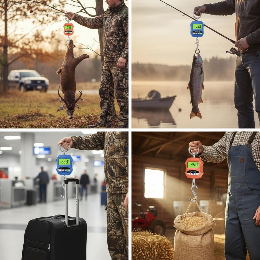 New Digital Hanging Scale, Portable Mini Crane Scale 660lb/300kg with Hooks - Handheld Luggage Scale & Fishing Scale, Large LCD Display, Pocket-Sized for Farm, Hunting, Outdoor, Travel, Gym (Orange)