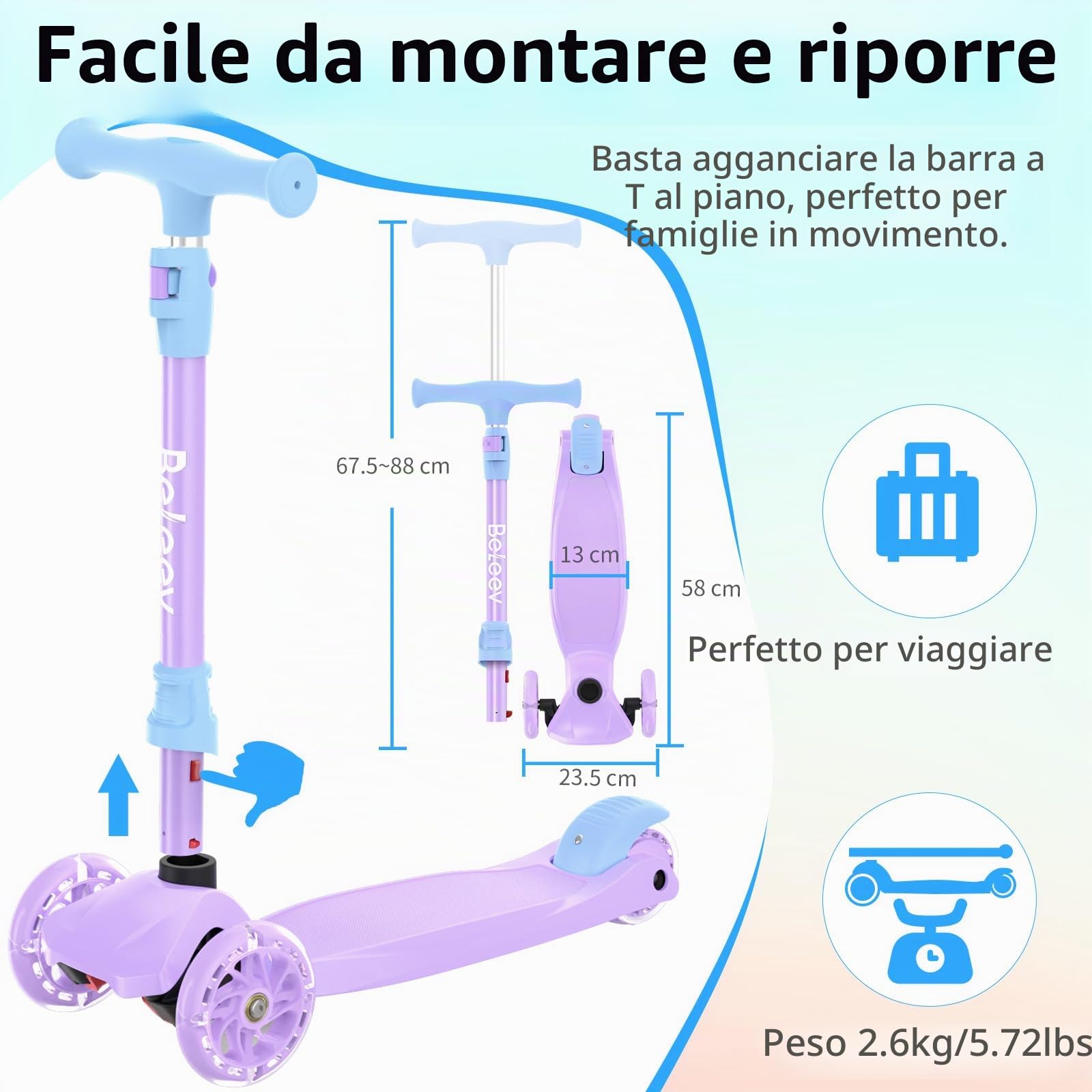 BELEEV A3 Monopattino Bambina con Ruota Illuminata LED, Altezza Regolabile | Pedana Antiscivolo e Extra Larga,Leggero con Telaio Robusto per Monopattino 3 Ruote Bambina Bambini e Bambine 3-12 Anni