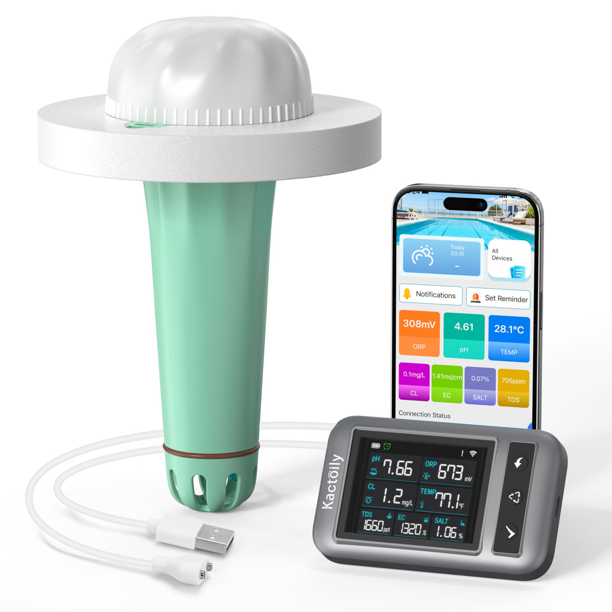 Intelligenter 7-in-1 Pooltester mit App-Steuerung, Digitaler Pool Messgerät für pH, Chlor, TDS, EC, ORP, Salz, Temperatur, IP68 wasserdichtes Wassertester für Pools, Whirlpools, Spas, Schwimmbad