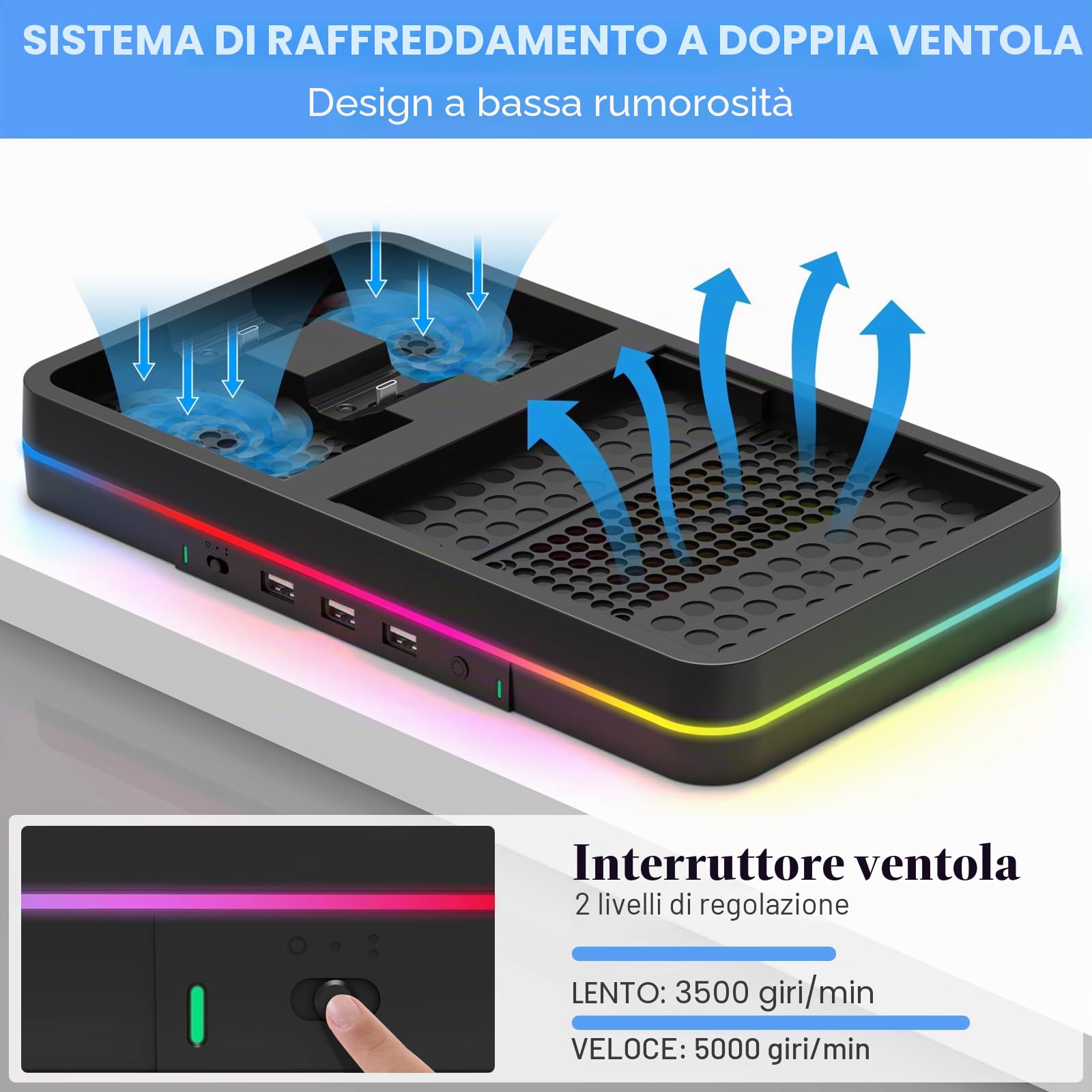 Doppia ventola di raffreddamento e supporto di raffreddamento per console/controller Xbox Series X/S, stazione di ricarica doppio controller Xbox con luce LED RGB e 3 porte USB, accessori Xbox Series