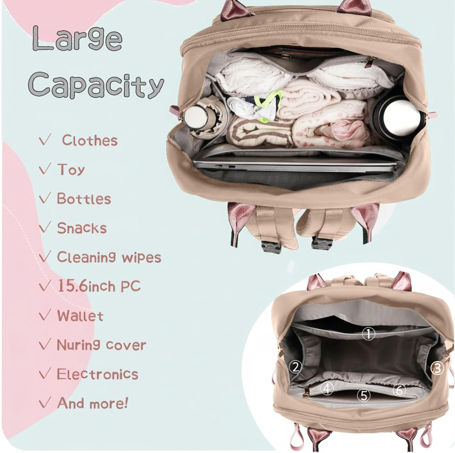 LORADI 18 Pockets Large Diaper Bag Backpack with 4 Insulated Pockets and Stroller Clips, Baby Shower Essentials (Mocha Mousse, Large)