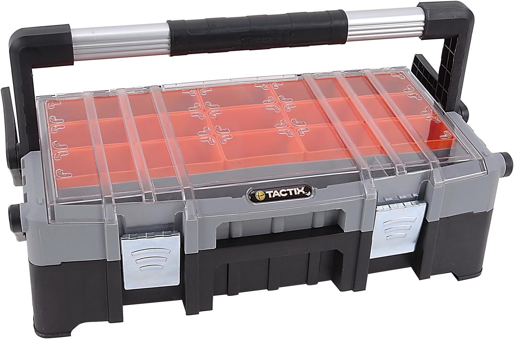 Tactix 22 Inches Portable Cantilever Tool Box Organizer, Removable Compartments, aluminum handle, Steel latches, size: 56W x 30.5 D x 16.5H cm- 320300