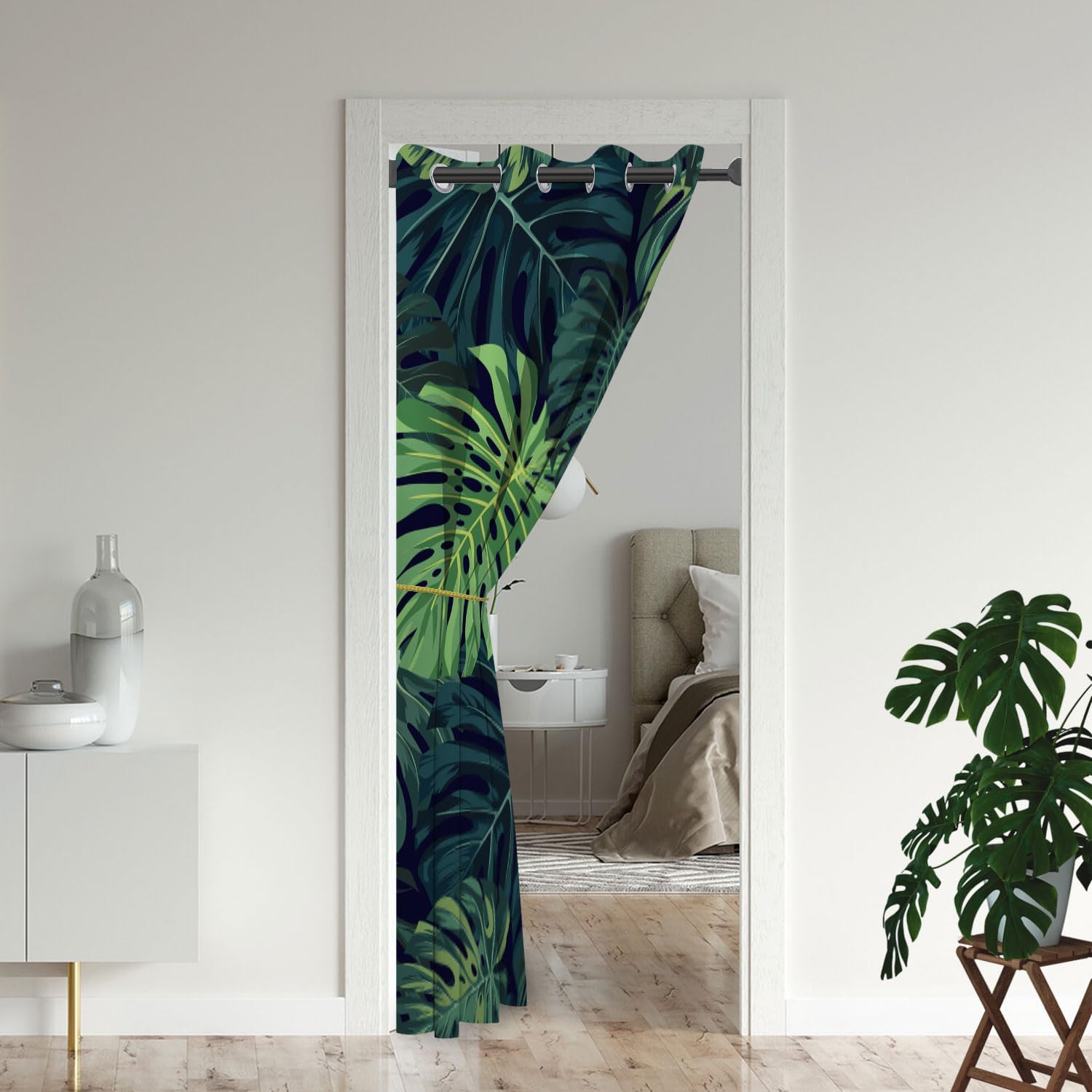 Tropical Palm Leaves Door Curtains for Doorways, Nature Plant Hawaiian Style Green Blackout Curtain for Bedroom Closet, Grommet Thermal Insulated Privacy Door Drapes for Room Divider, 34"W x 80"L