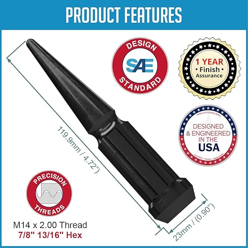 Vista 19 de Wheel Accessories Parts 20 piezas M12x1.5 12x1.5 rosca Spike Spline 4.40" largo tuercas negras 7/8" y 13/16" hexagonales para Chevy Blazer S10 GMC