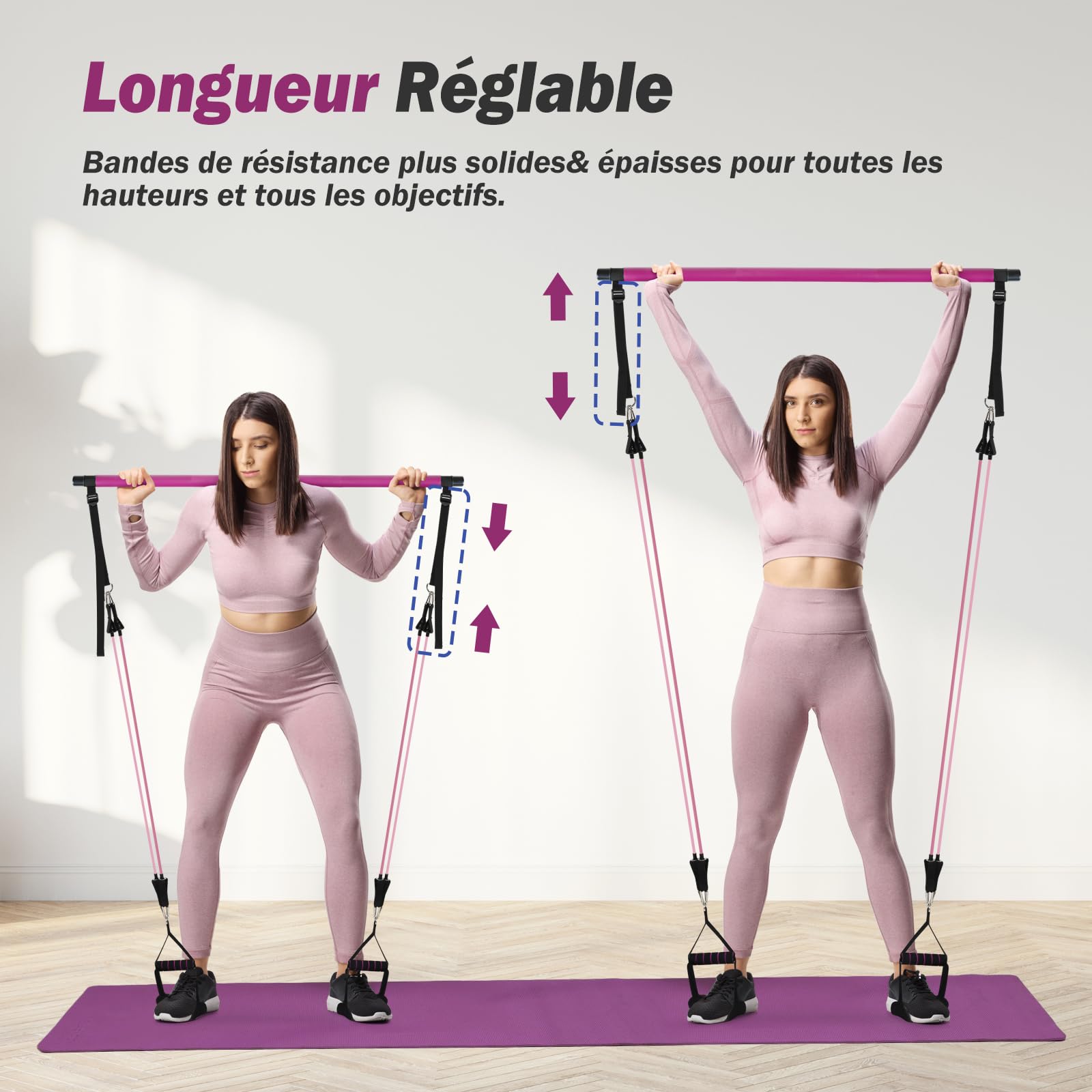 ALongSong Elastiques Musculation Sport Maison - Kit Barre de Pilates pour Homme Femme avec 4 Bandes de Résistance Élastique 20-140Lbs & Minuteur pour Complet Entraînement Yoga/Musculation
