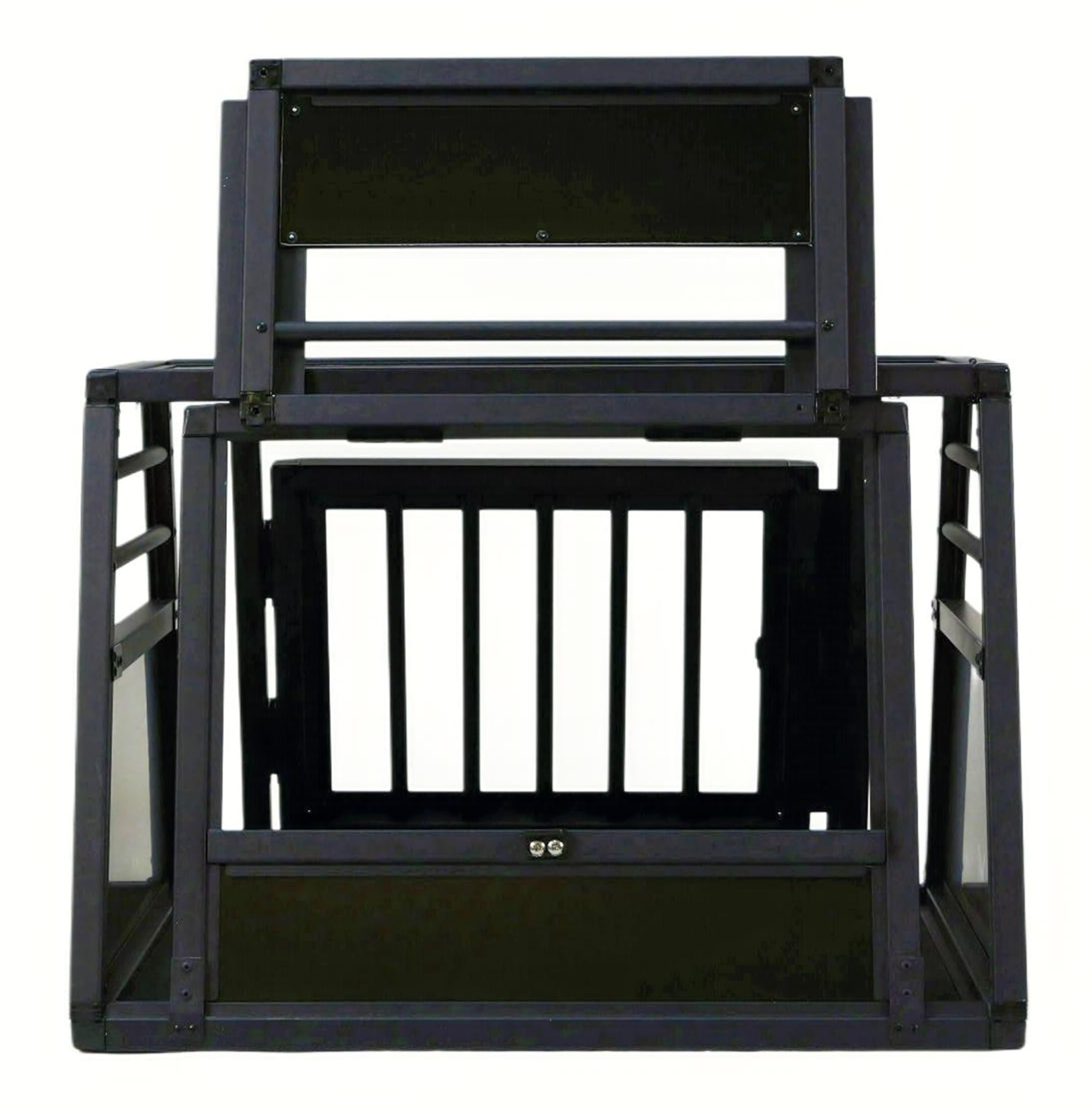 DOGHEAD Hundetransportbox Proline, Single 70x60x50 cm, Schwarz, Aluminium, Beidseitig Abgeschrägt 75°, mit Notausstieg
