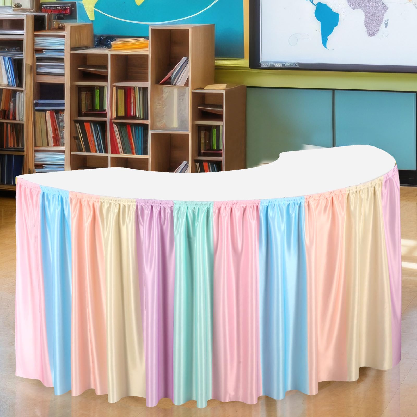 Oudain Macaroon Table Skirt for Teacher Desk 29.5 inch x 13.8 ft Colorful Wrinkle Table Cover Skirt Macaroon Birthday Party Decorations for Classroom Kidney Shaped Desk Back to School Supplies