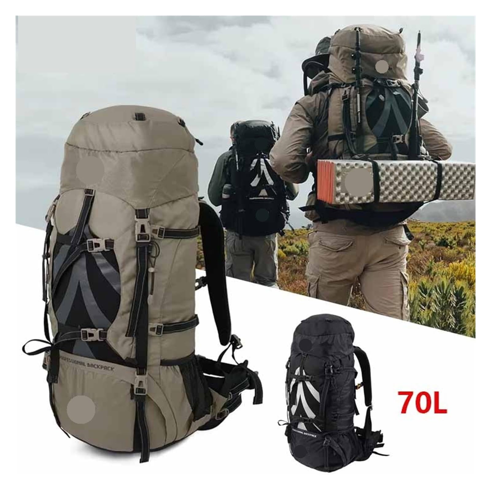 70 + 5L Rucksack Professionelle Outdoor Klettern Wandern Reisen Große Kapazität Bergsteigen Camping Unterstützung Tasche Geeignet für Camping, Outdoor, Wandern(Black)