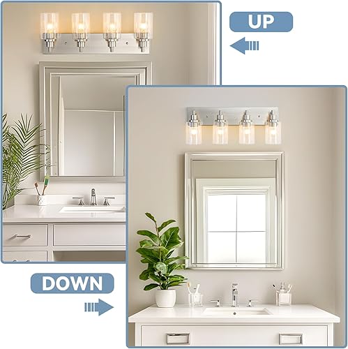 Miniatura 9 de LOUSACE Lámpara de tocador de baño de 4 luces de níquel cepillado, accesorios de iluminación de baño con pantallas de vidrio transparente sobre