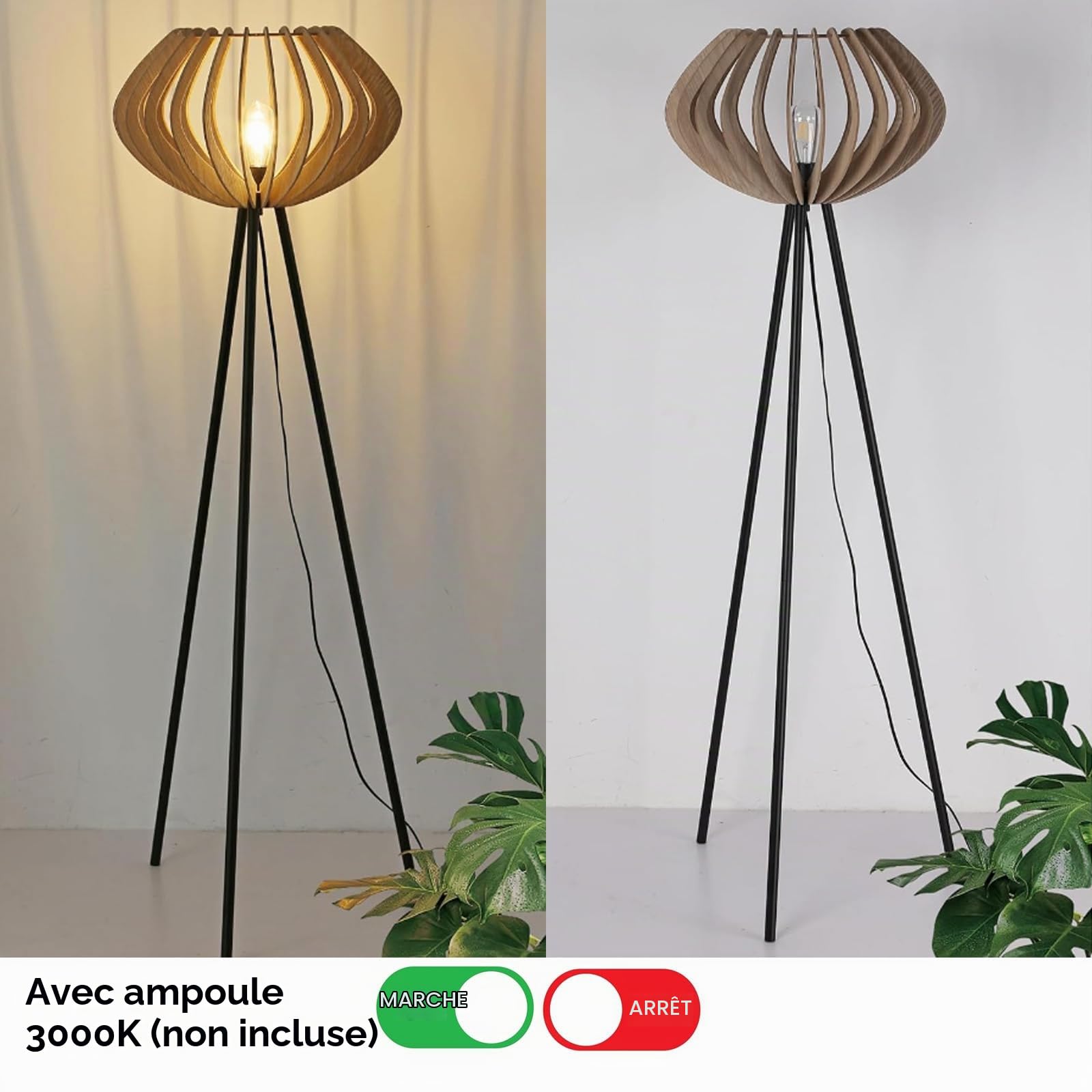 Alpinaluz Lampadaire Trépied Noir – Abat-Jour en Bois Laminé Ø48 cm, Hauteur 152 cm, Douille E27, Câble 3,8 m avec Interrupteur au Pied pour Salon ou Chambre