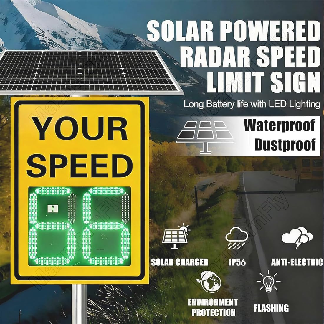 Señal de radar solar portátil con pantalla LED: monitor de velocidad para seguridad vial y control de límites de velocidad.