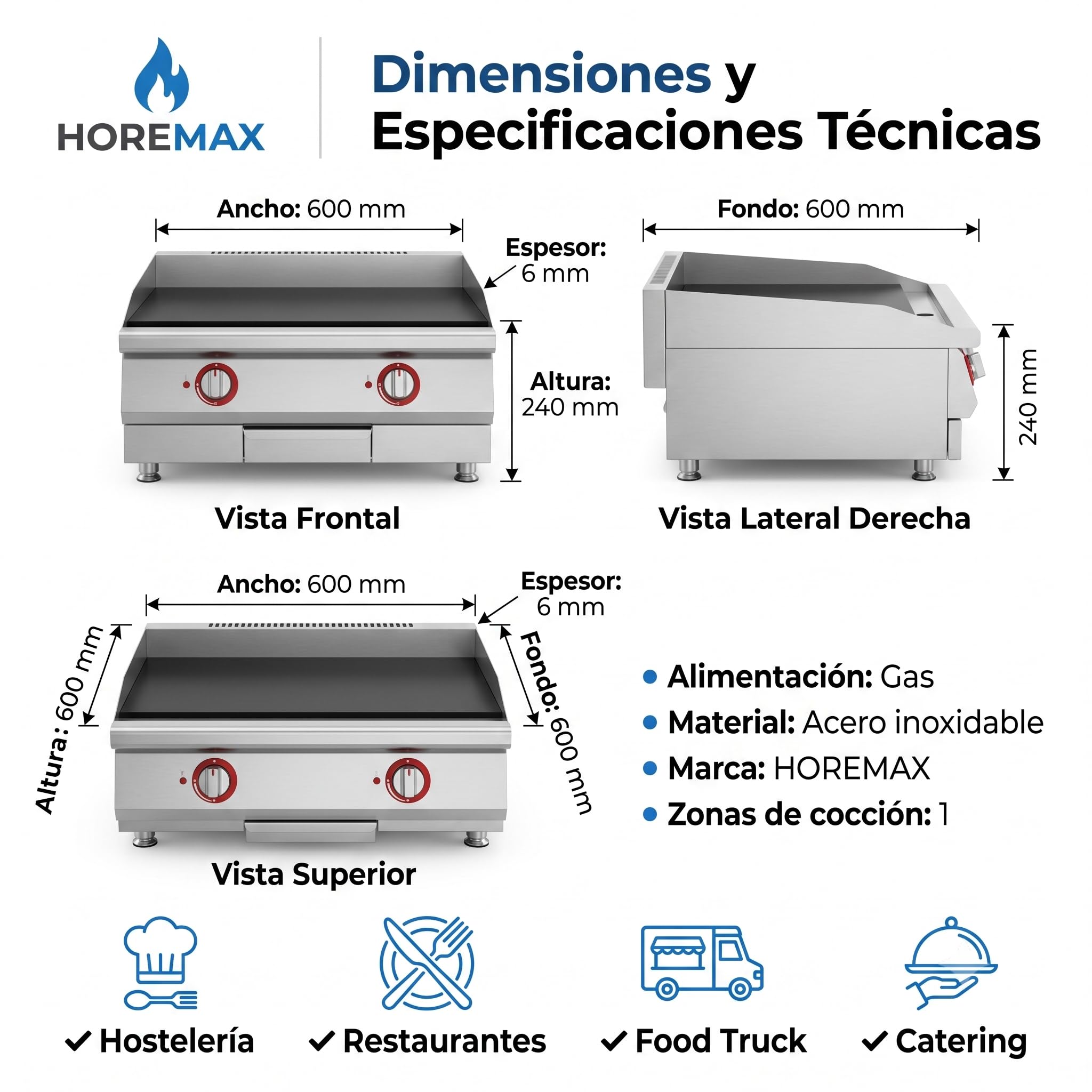 Plancha Gas Butano Profesional 60 cm, Placa Extraíble en Acero Laminado 6 mm, 2 Quemadores, 5,50 kW, Cuerpo de Acero Inoxidable, Sobremesa Hostelería, Fabricada en España