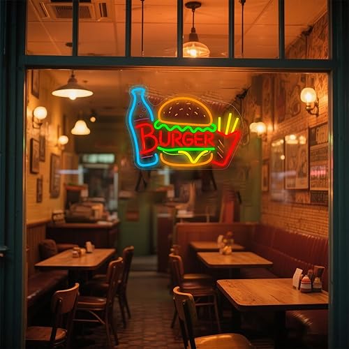 Miniatura 7 de Letrero de pared de neón de hamburguesas, decoración LED de hamburguesa con papas fritas, botella de Coca-Cola y letras "BURGER" para restaurante,