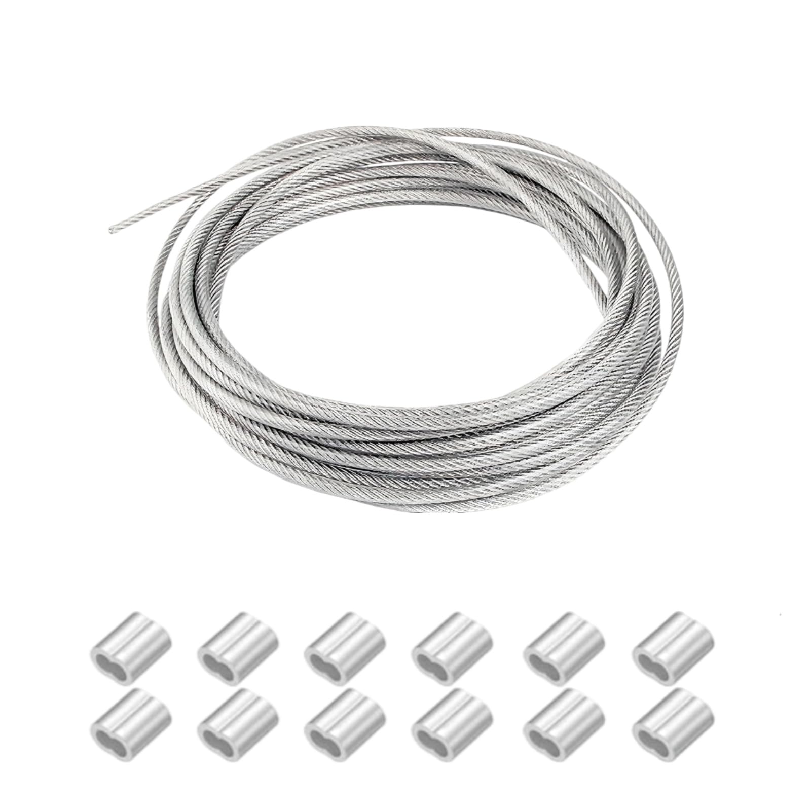 Set Cable Acero Inoxidable 7x7 20m x 3mm Cubierto PVC, Kit con 12 Arandelas Aluminio Doble Ojal 3mm