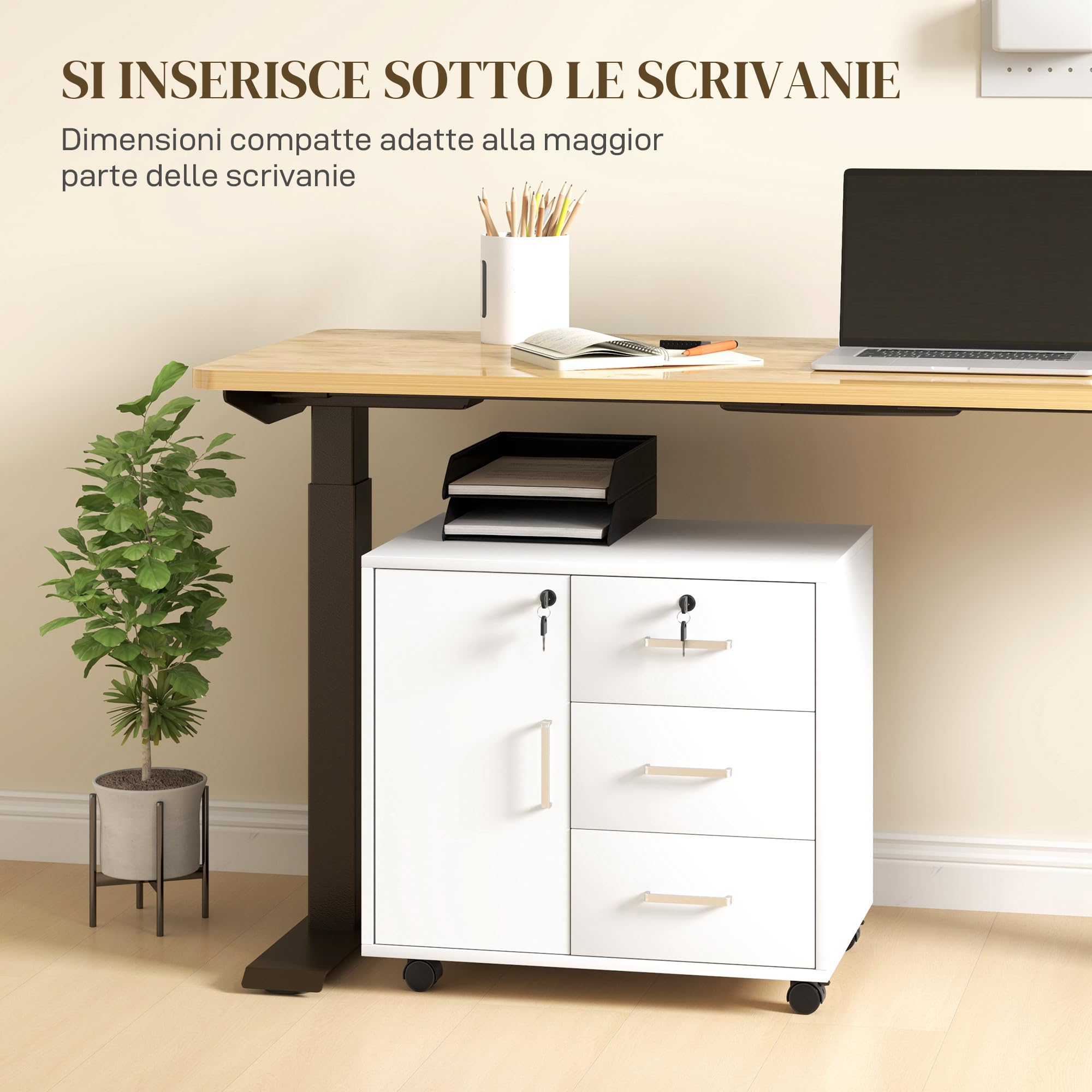 HOMCOM Schedario per Ufficio con 3 Cassetti e Armadietto con 3 Ripiani Regolabili, Cassettiera Portadocumenti in Truciolato, 60x40x56 cm, Bianco