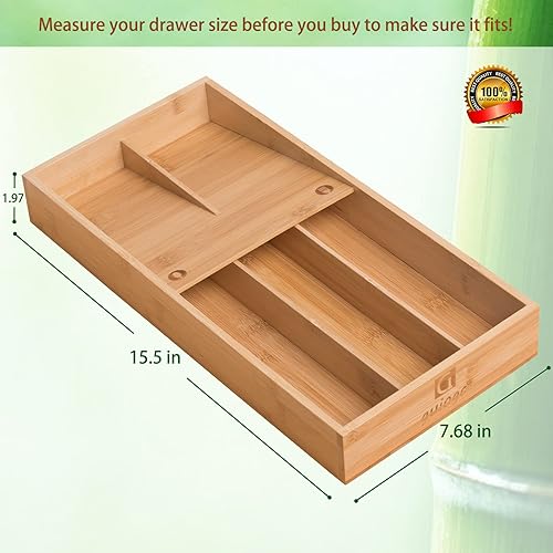 Miniatura 2 de guiogc Organizador de cubiertos de bambú de doble capa mediano, organizador de cajones de cocina, soporte para bandeja de utensilios, bandeja de