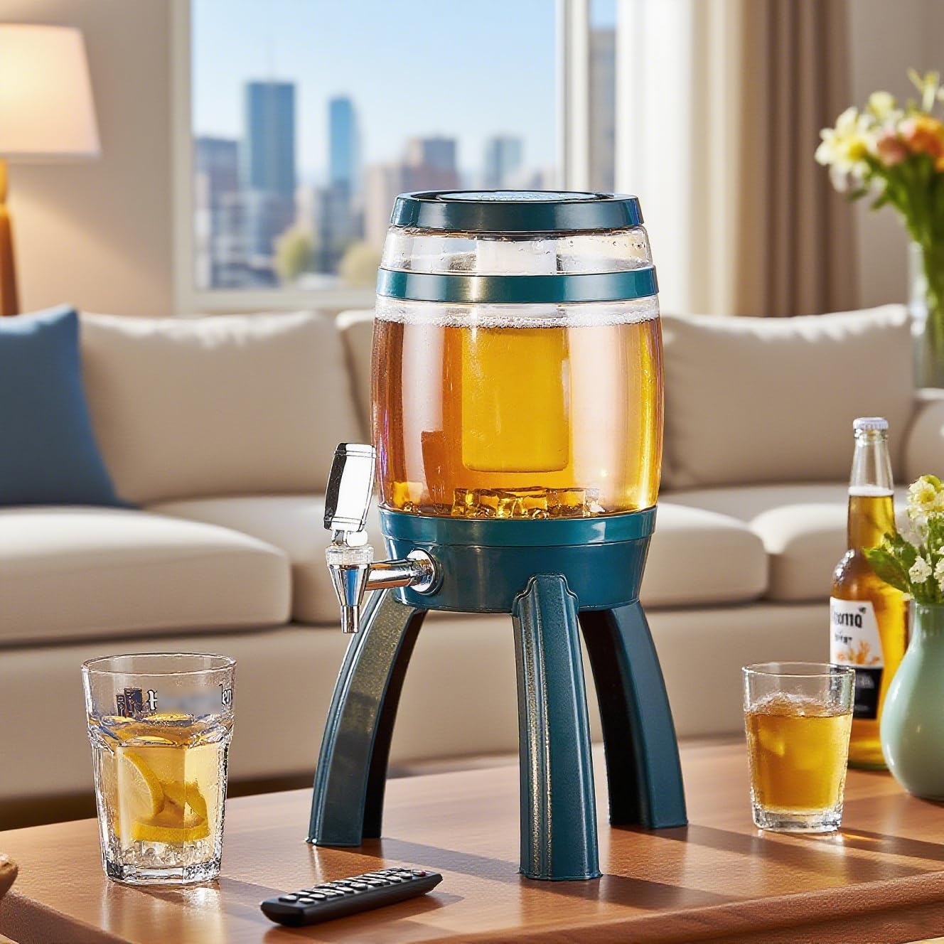 Dozownik Napojów Wieża do Napojów 3 L, Świecąca Wieża Mimosa, Stabilny Dozownik do Napojów Sangria na Imprezy, Przezroczysty Dozownik do Alkoholu z Cylindrem na Lód(Green1)