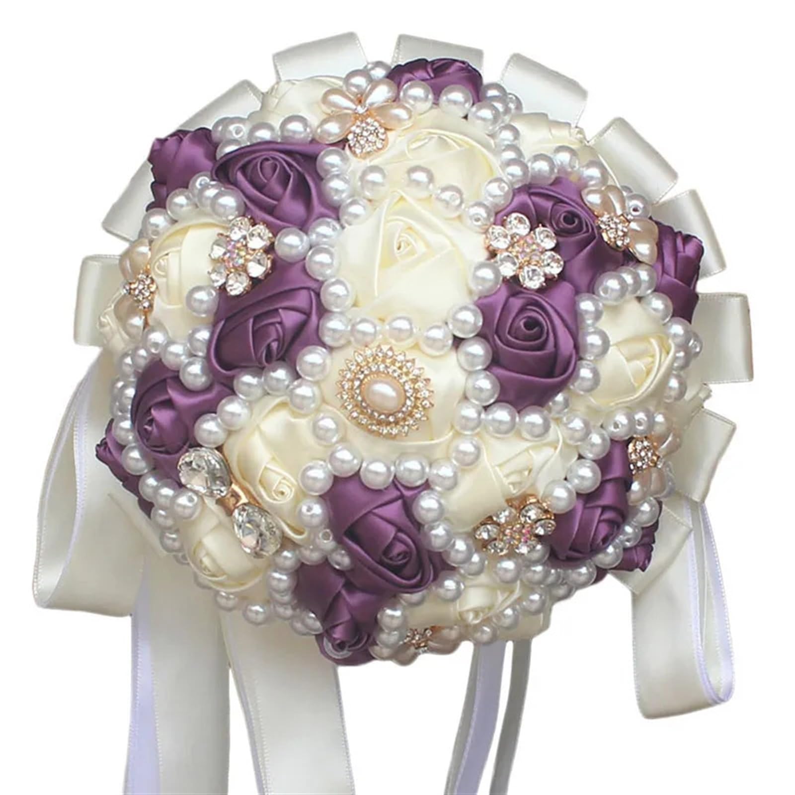 NDLHXKFRP Wedding bouquets for brides and bridesmaids, Wedding Bouquet Bridal Artificial Satin Rose Brooch Pearl Ribbon Diamond(Color 2)
