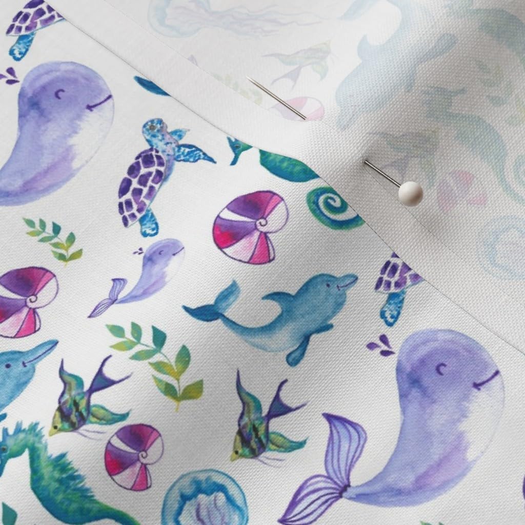 Spoonflower Fabric - Deep Sea Aquatic Animals Blue Dolphin Shell Horse Green Fish Purple Printed on Petal Signature Cotton Fabric by The Yard - Sewing Quilting Apparel Crafts Decor