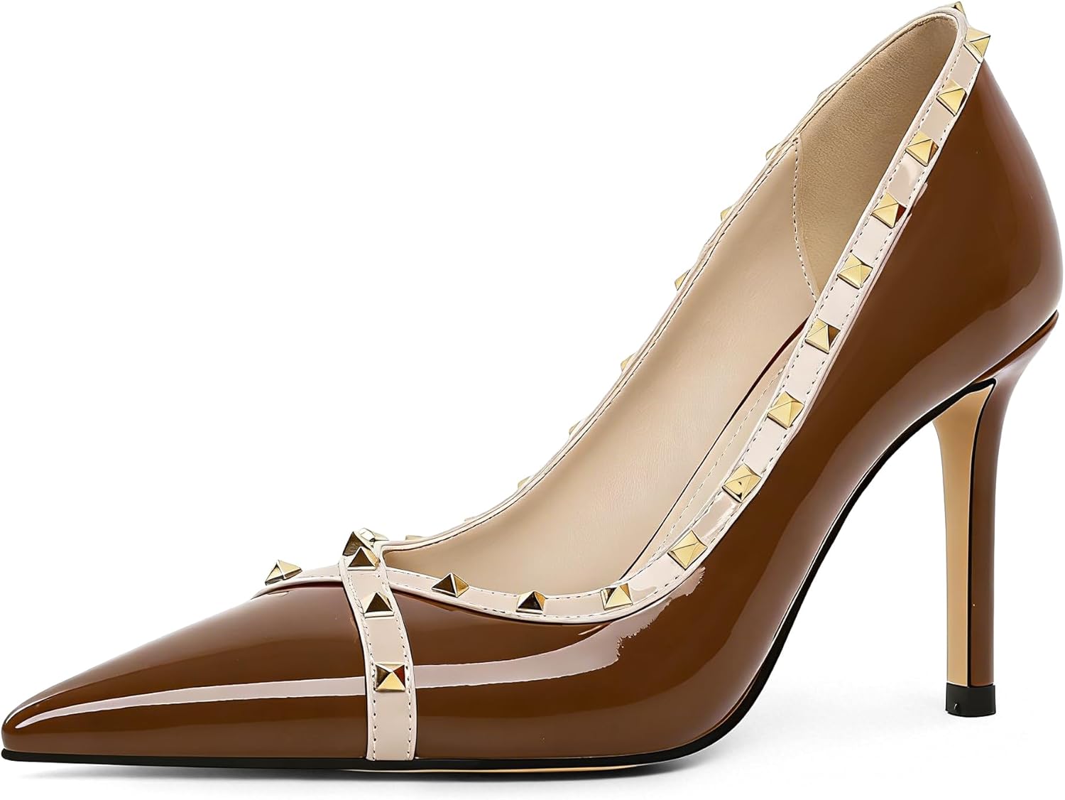 Eldof Women's Stilettos High Heel Pointed Toe Studded Heels Closed Pumps Slip On Party Prom Dress Shoes 3.5 Inch