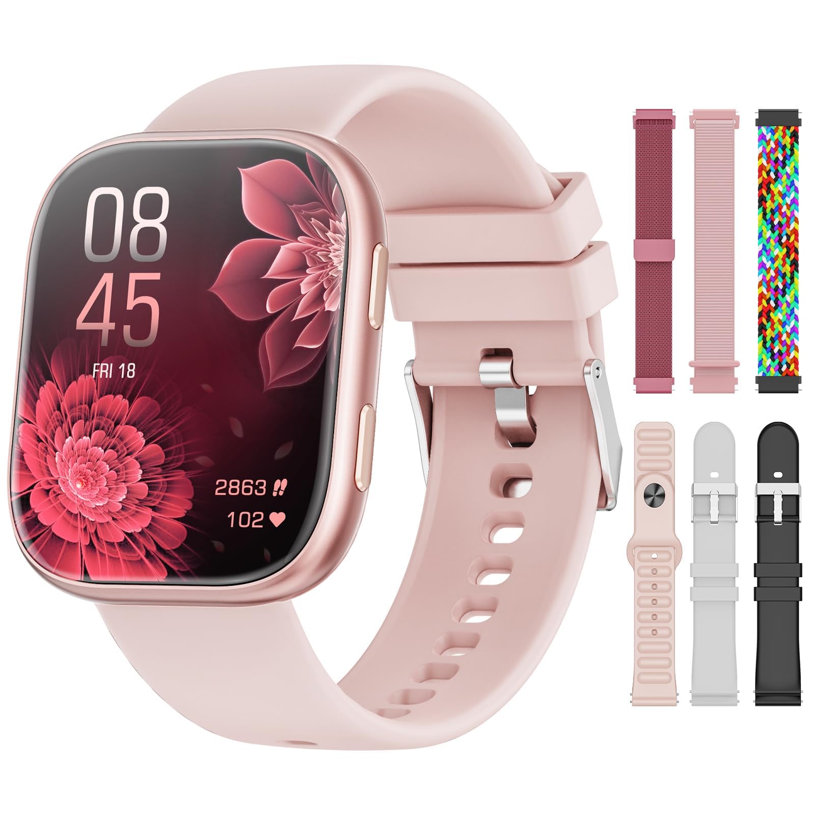 Montre Connectée Femme pour 7 Bracelets et Coffret Cadeau, 1.83'' HD Smartwatch avec Appel Bluetooth, Montre Connectée pour Cardiofréquencemètre, Sommeil, 100+ Modes Sportifs, IP68 Etanche FR K