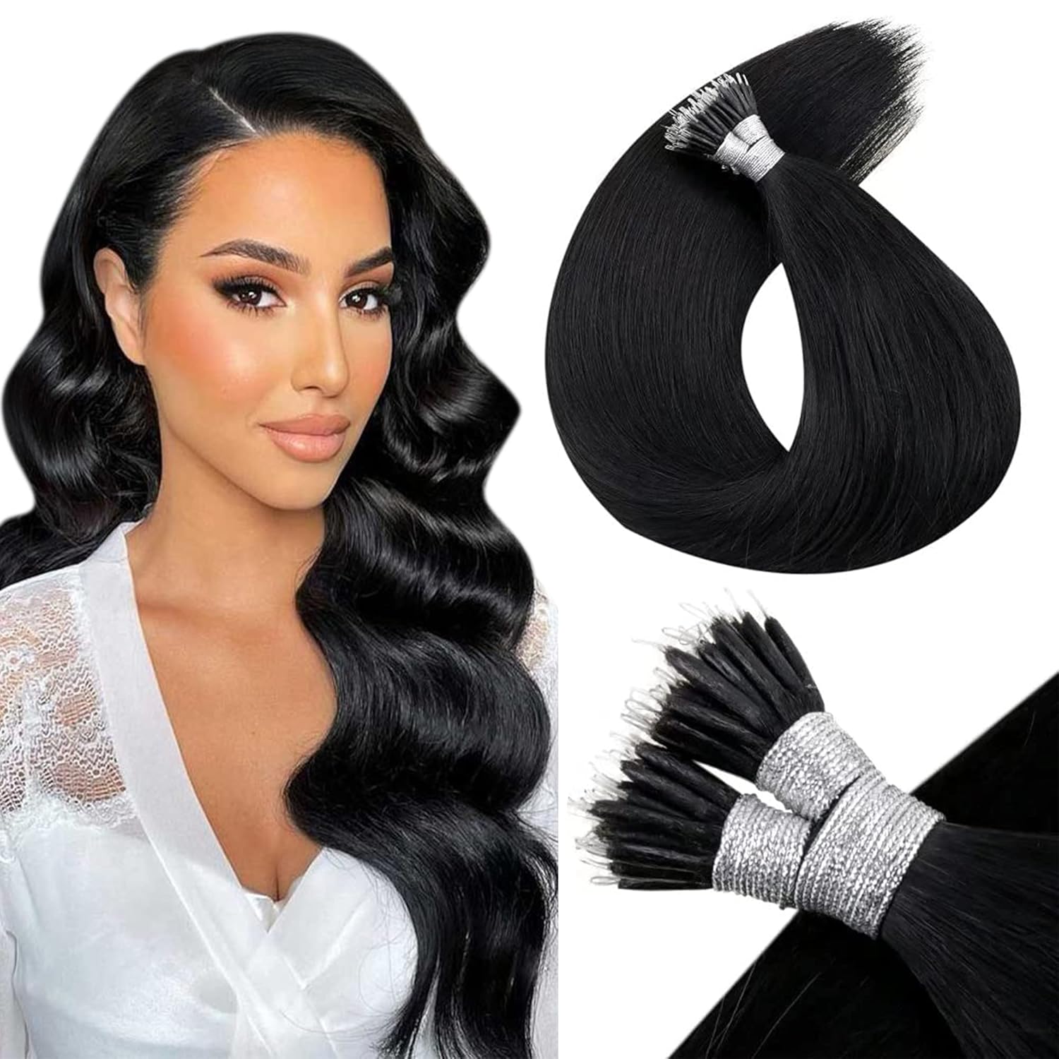 LaaVoo Black Hair Extensions Human Hair Remy Nano Bead