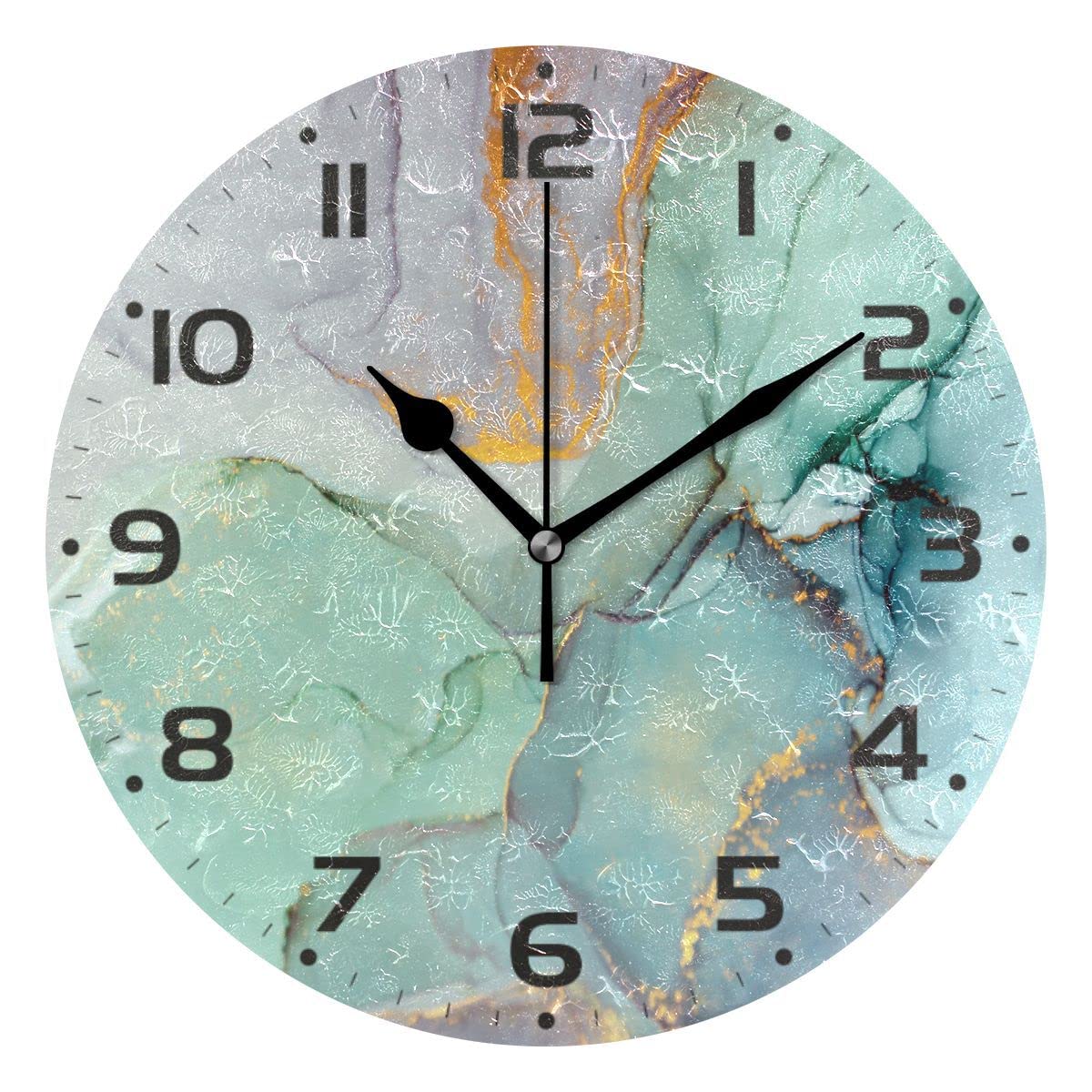 Mnsruu Large Wall Clocks, Abstract Golden Teal Marble Texture Battery Operated Non Ticking 10 inch Clock Silent Art Bedroom Kitchen Clock Atomic Analog Clocks Home Decor, 25 x 25 CM