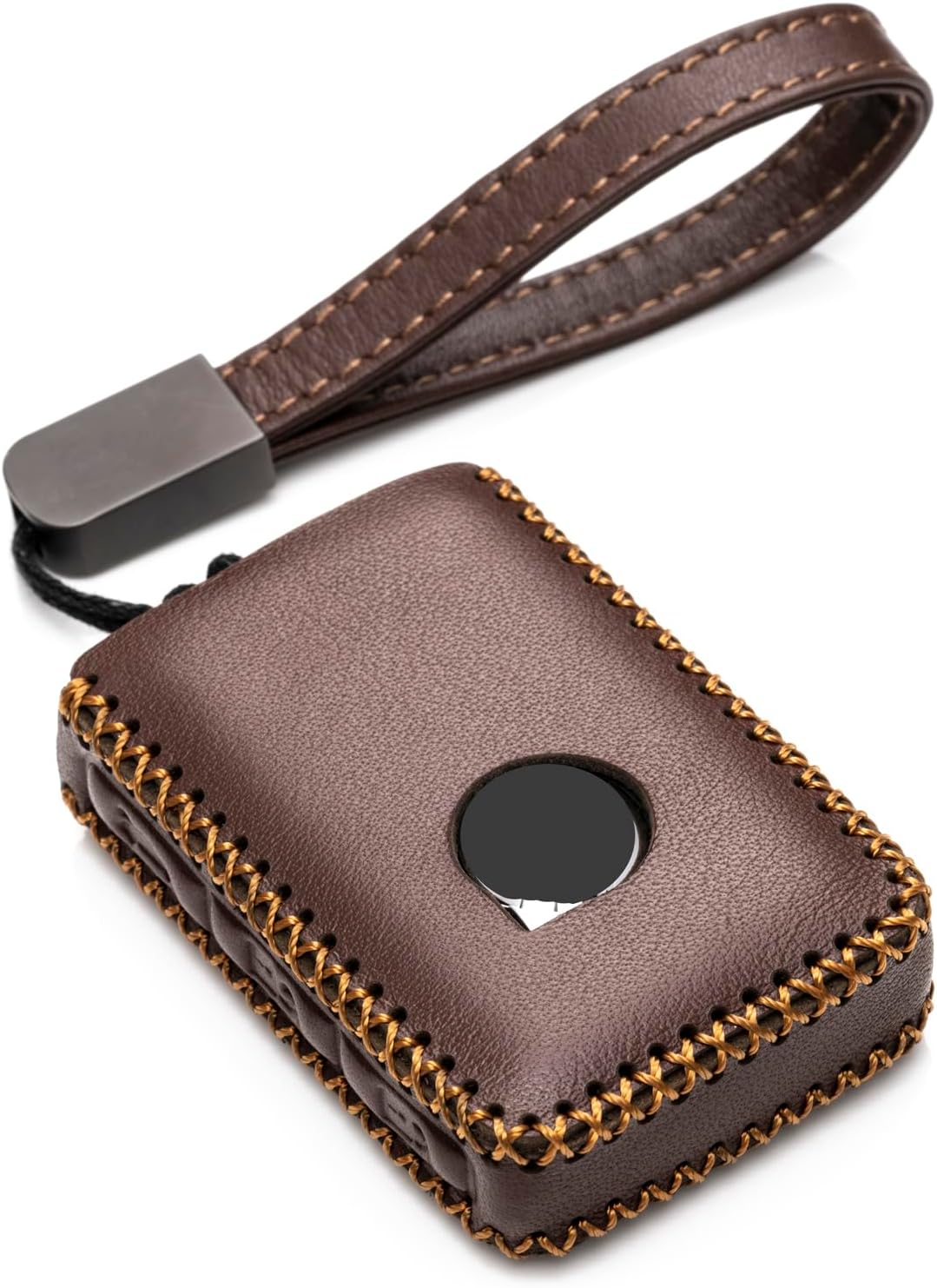 Genuine Leather Smart Key Fob Case Cover Protector with Leather Key Chain for 2019 Volvo XC60, XC90, S90, V90, 2020 Volvo XC40 (4-Button, Brown)