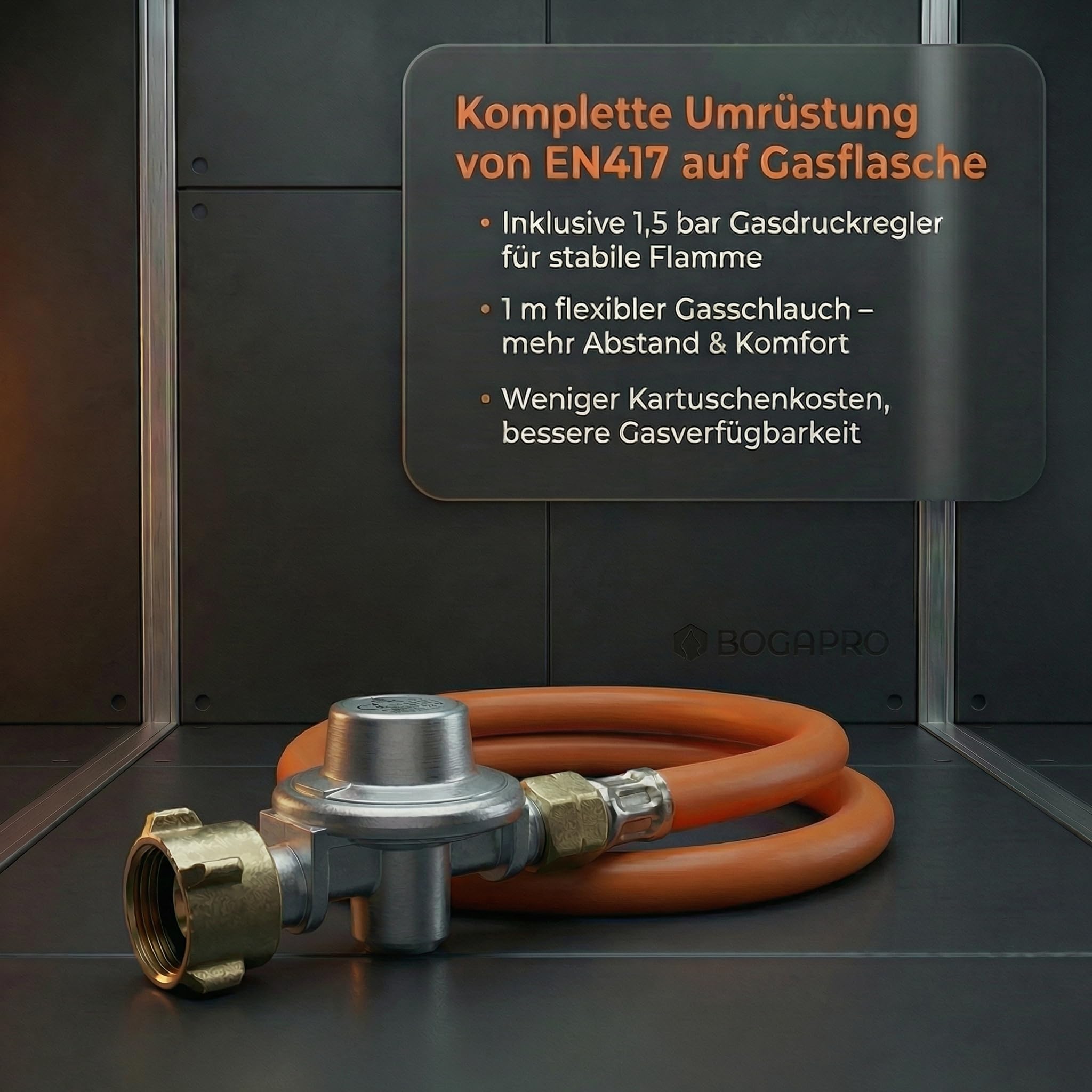EN417 Adapter-Schlauch auf Gasflasche mit Gasdruckregler, Umrüstschlauch für Schraubkartuschen-Geräte, 1 m, 7/16-28 UNEF auf 3/8 LH, 1,5 bar 8 kg/h, Schlauch EN 16436-1, inkl. Polybeutel