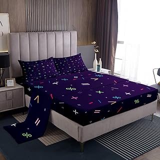 Math Kids Sheet Queen Size,Math Symbol Equation Cute Bedding Set,Girls Boys Adults Bedroom Decor,Mathematics Memphis Style Dark Purple Cartoon Bed Sheet Set 4pcs(Fitted + Flat + 2 Pillowcases)
