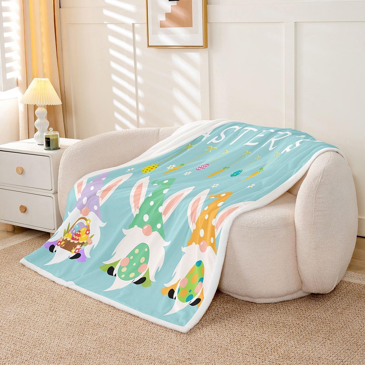 Erosebridal Gnome Easter Eggs Fleece Blanket Queen Size for Bedroom, Cute Bunnies Sherpa Blanket Cartoon Rabbit Animal Throw Blanket Easter Gifts for Women Teens, Happy Easter Fuzzy Blanket, Teal