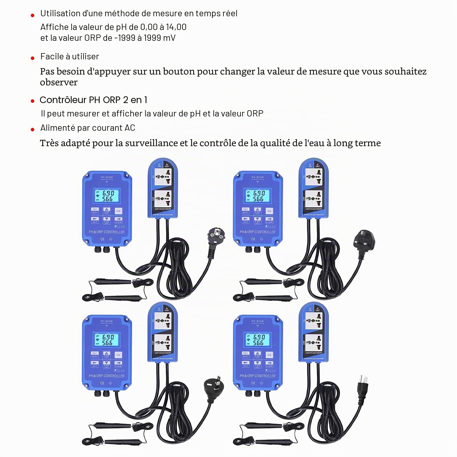 PH ORP Contrôleur Testeur D'eau Multi-paramètres PH-803W pour Surveillance et Contrôle Long Terme Qualité de L'eau(EU Plug 250V)