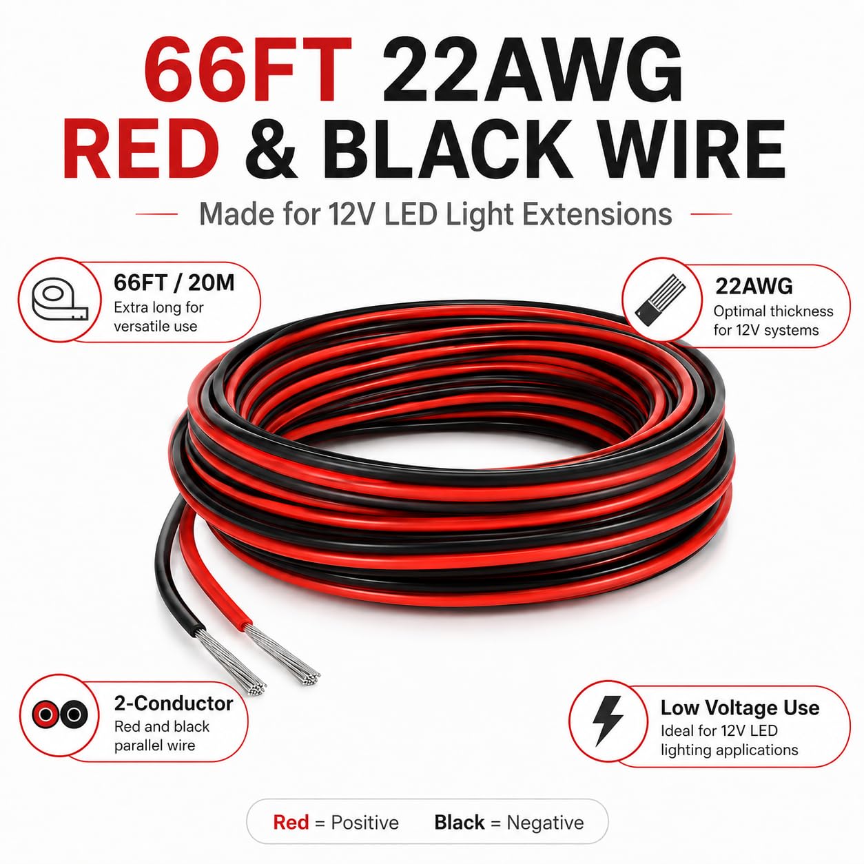 Cable de extensión de luz RV para tira de luces interiores LED, cables de 66 pies y 22 AWG para caravana, caravana, remolque, carga, furgoneta, techo, techo, toldo, porche, luz subterránea