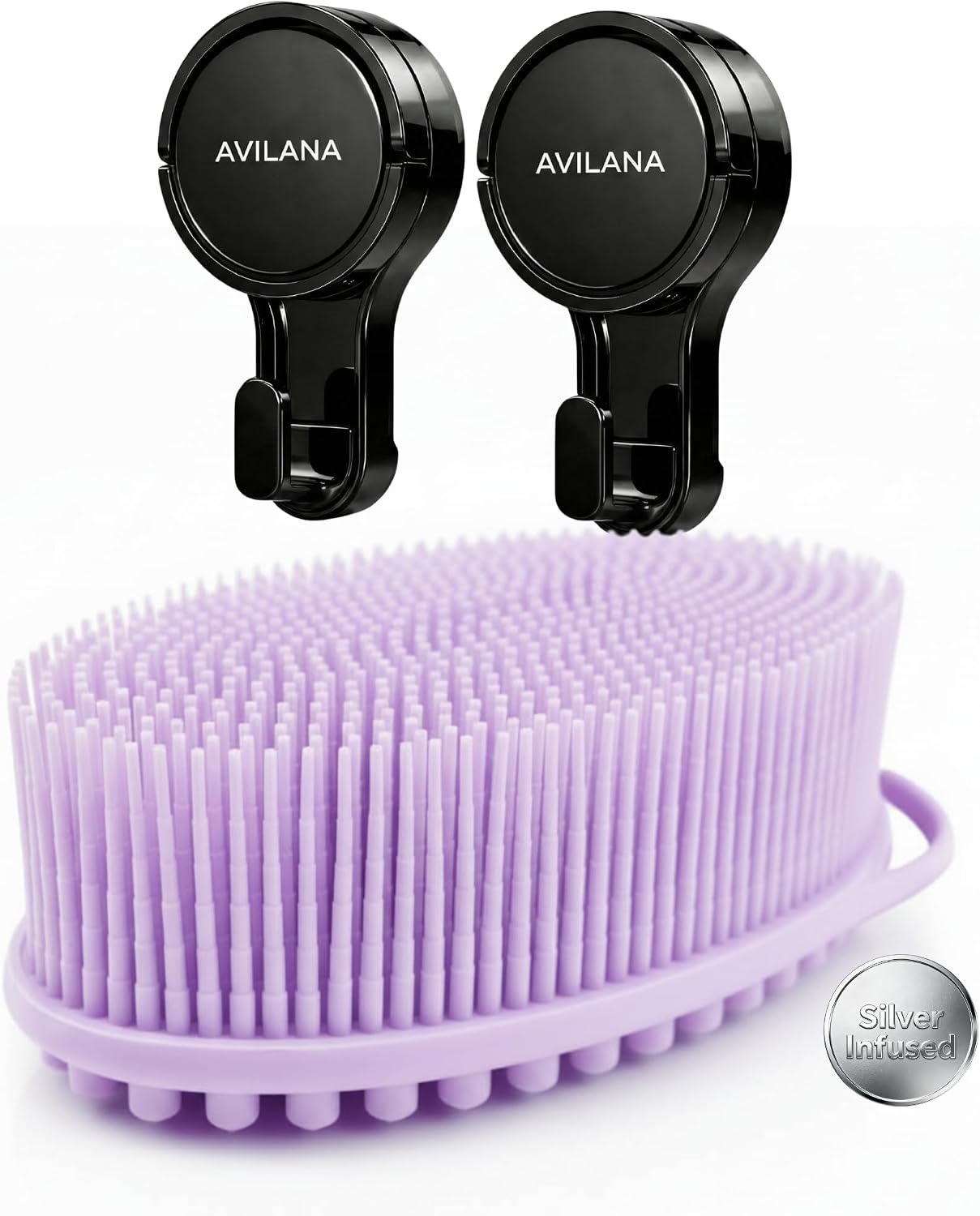 Avilana Silver-Infused Massage Silicone Body Scrubber (Lavender)+ Suction Hook (2-Pack) – Premium Design, Quick-Drying, BPA-Free – No-Drill Storage Solution