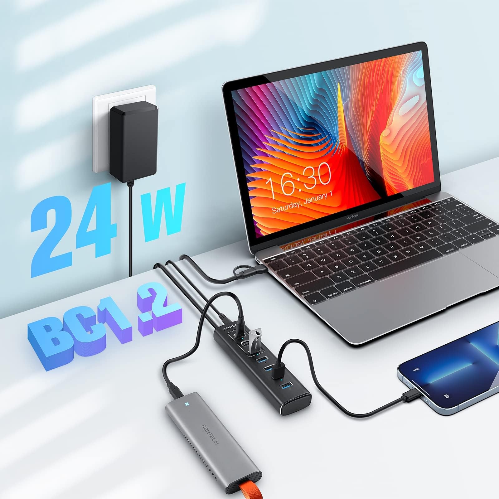 RSHTECH 7 Port Hub USB Alimenté, Aluminium Hub USB 3.2/USB C, RSH-A107C | avec 10Gbps USB-A 3.2, 2 USB-C 3.2, 4*5Gbps Port USB 3.0, 1m de Câble de Données, Alimentation 24W USB C Hub