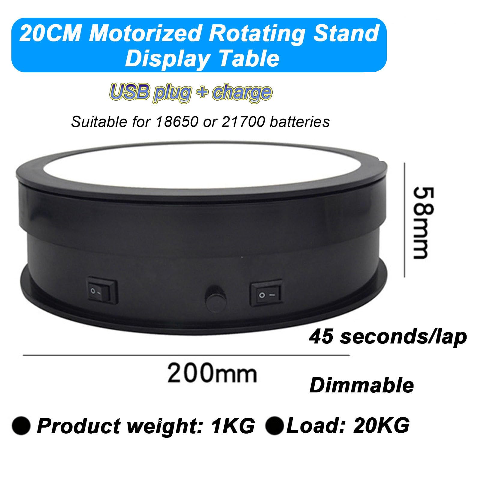 Plataforma Giratoria EléCtrica, Soporte De ExhibicióN Giratorio Motorizado Regulable De 20 Cm, Carga De Carga De 20 Kg, Plataforma Giratoria Silenciosa AutomáTica, RotacióN De 360º,White