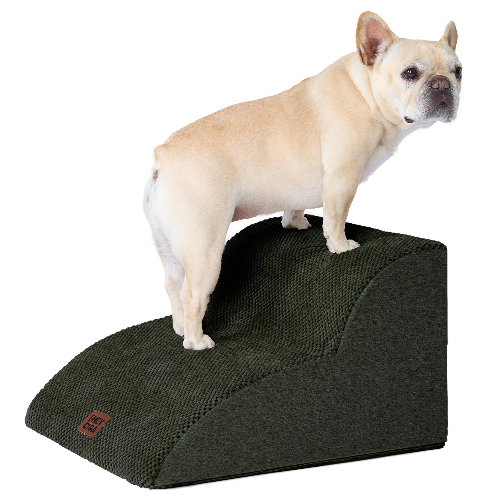 EHEYCIGA Curved Dog Steps for Sofa, 2-Step Dog Stairs for Small Dogs and Cats, Pet Stairs for Couch, Non-Slip Pet Step with Washable Cover, 40x50x30cm, Olive Green