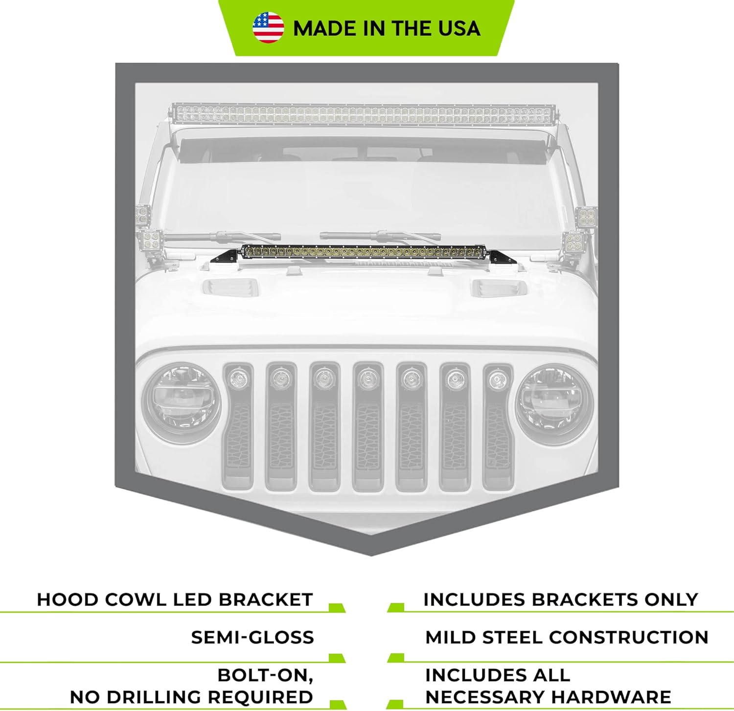 ZROADZ Hood Cowl LED Bracket - Compatible w/ Jeep JL and Gladiator- to Mount 30 Inch LED Light - Mild Steel Gloss Black Finish - Bolt-On Easy Installation - PN #Z364931